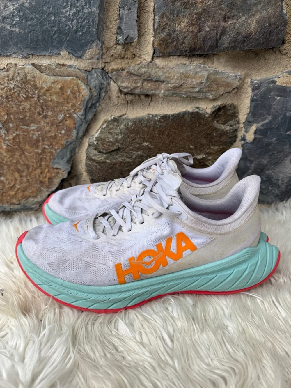 Hoka One One Men's Carbon X 2 Running Sneaker in White Blazing Orange Size 11